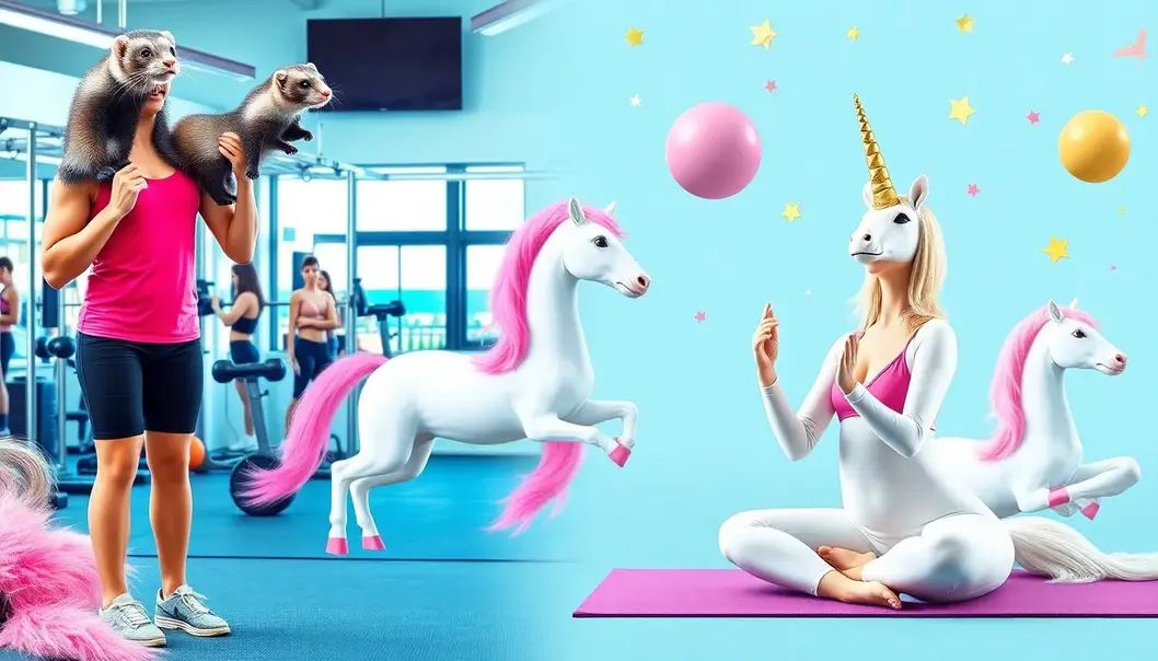Collage depicting ferret lifting and unicorn yoga, illustrating bizarre fitness trends.