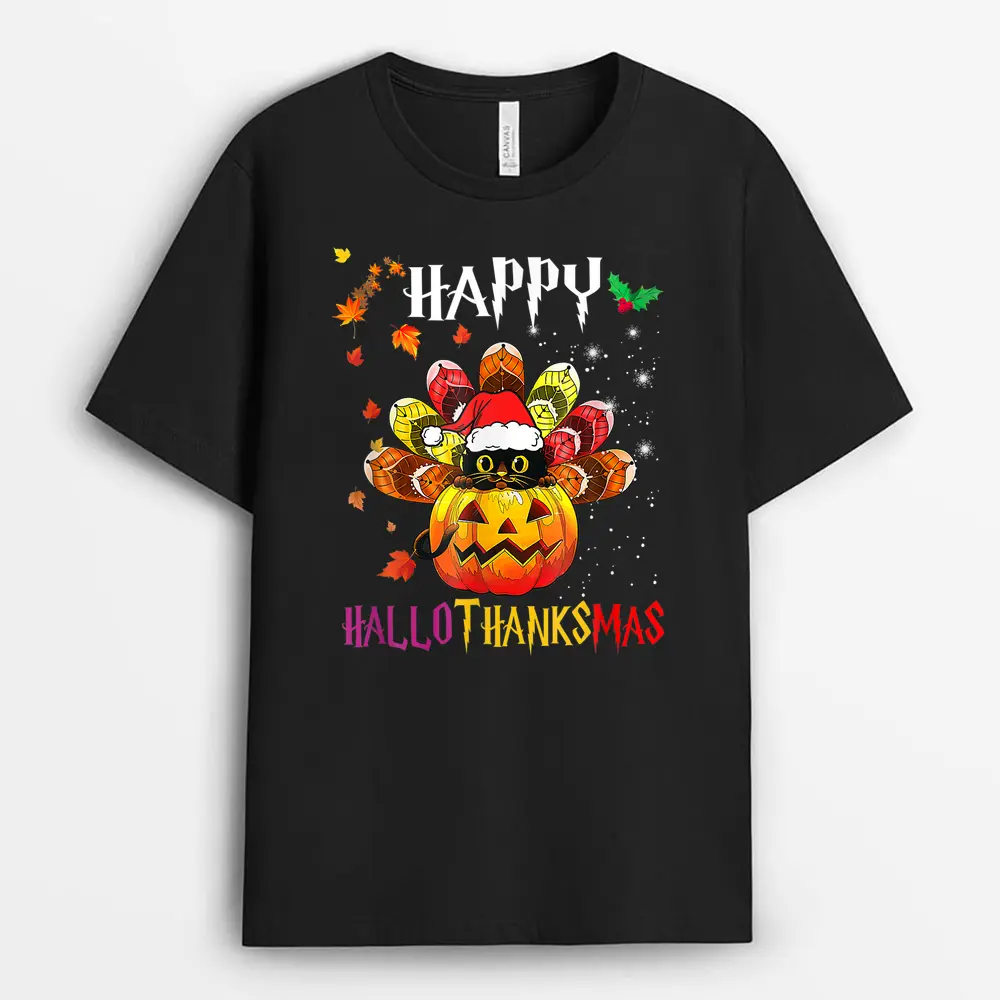 Black Cat Halloween And Merry Christmas Happy Hallothanksmas T-Shirt