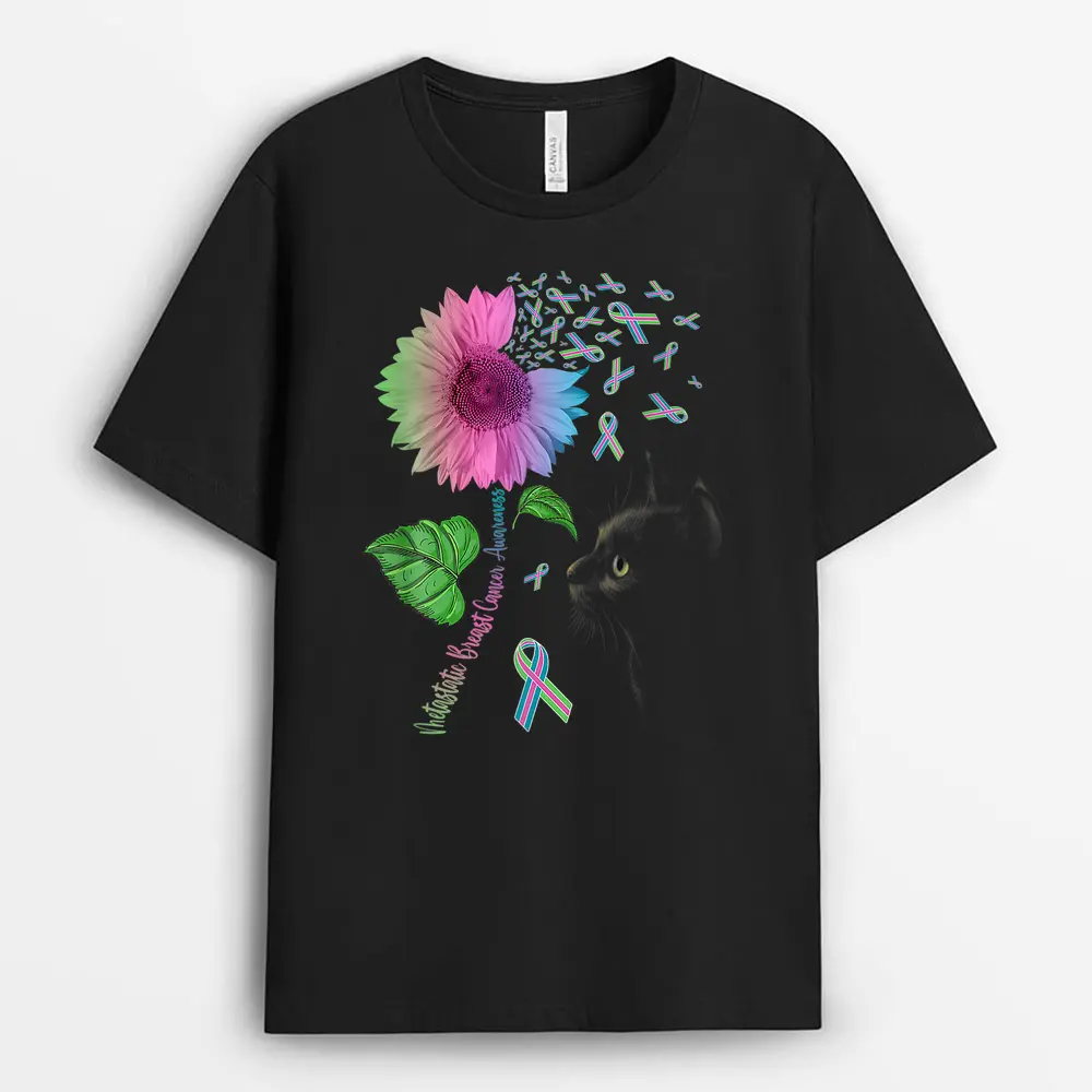 Black Cat Sunflower Metastatic Breast Cancer Awareness Day T-Shirt