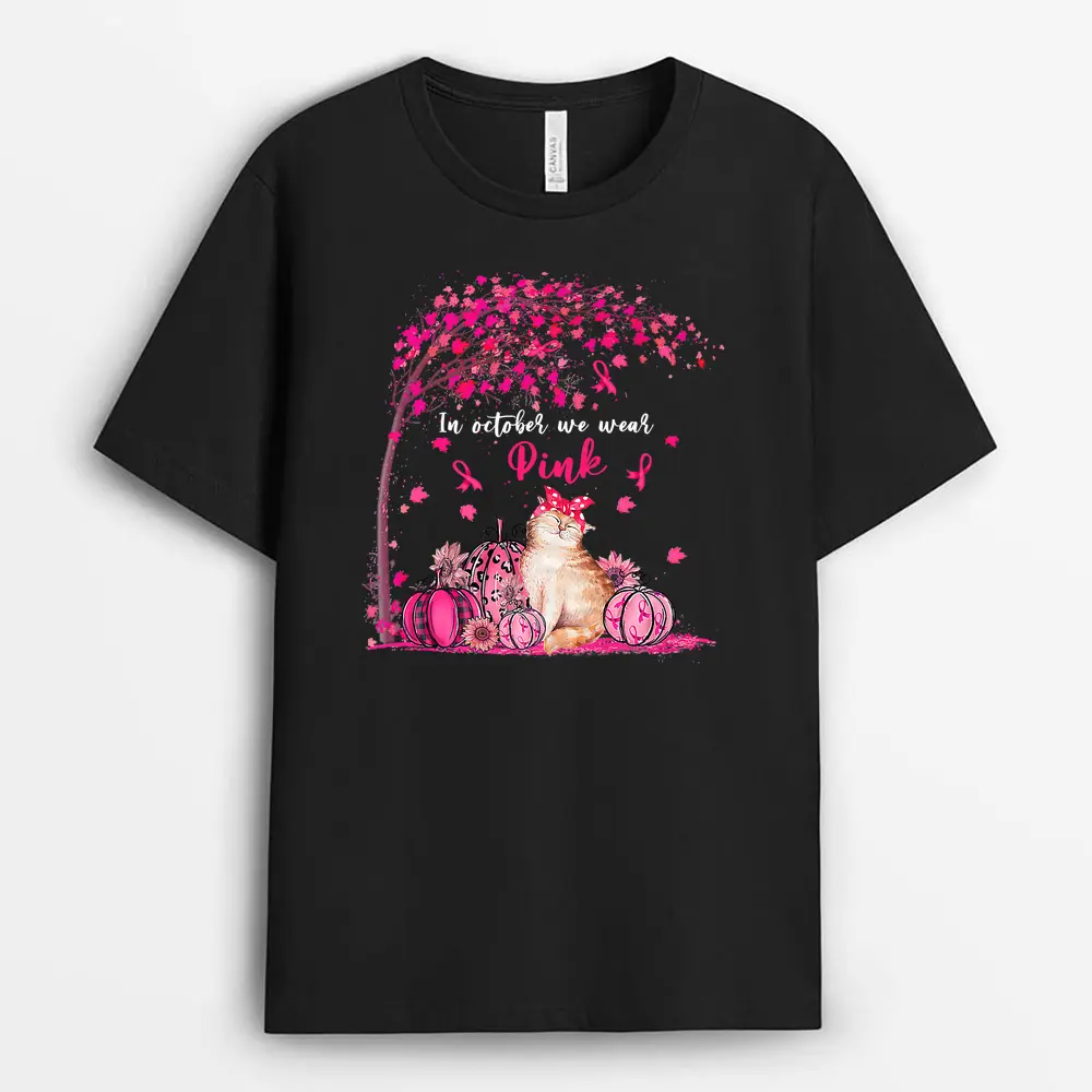 Breast Cancer Awareness In October We Wear Pink Pumpkin Cat Premium T-Shirt
