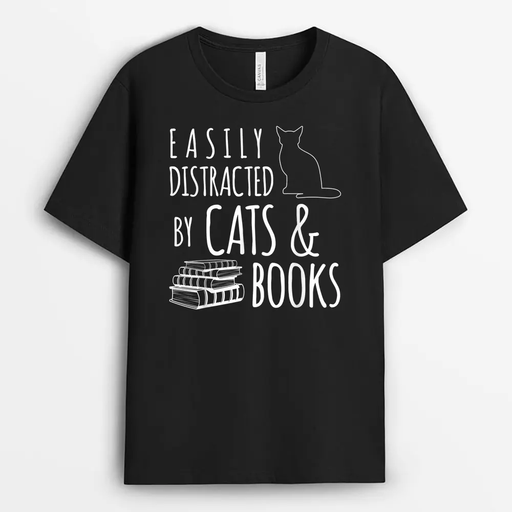 Cat  Book Lover Easily Distracted By Cats And Books T-Shirt