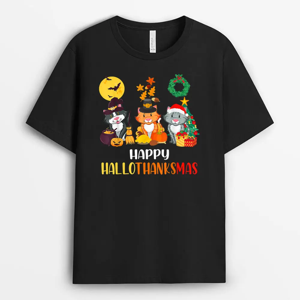 Cat Halloween Christmas Happy Hallothanksmas Thanksgiving T-Shirt