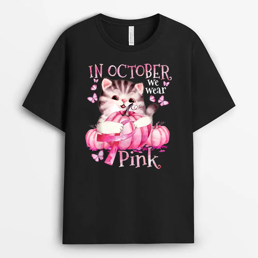 Cat Pumpkin Halloween In October We Wear Pink Breast Cancer T-Shirt