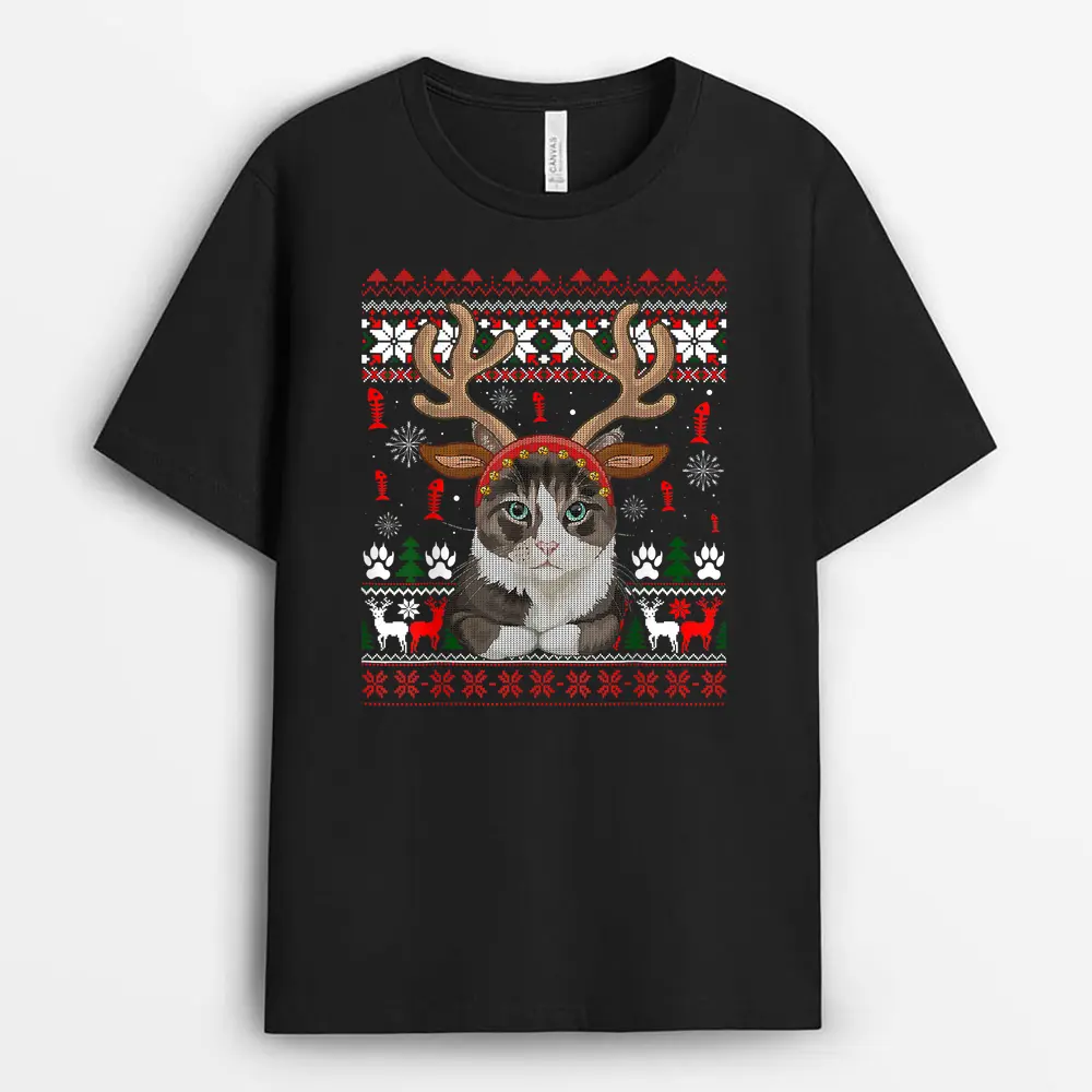 Cat Reindeer Antlers Headband Funny Ugly Christmas Sweater T-Shirt