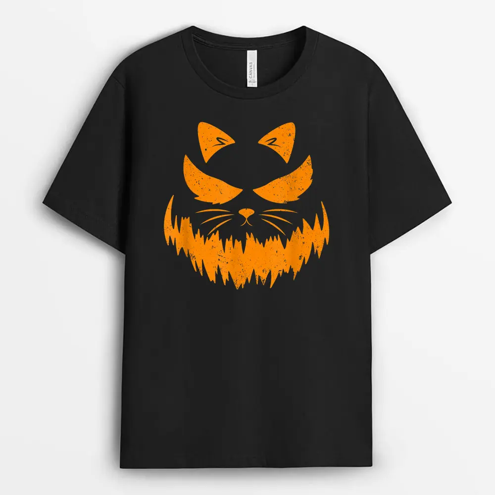 Cat Scary Pumpkin Face Jack O Lantern Halloween Costume T-Shirt