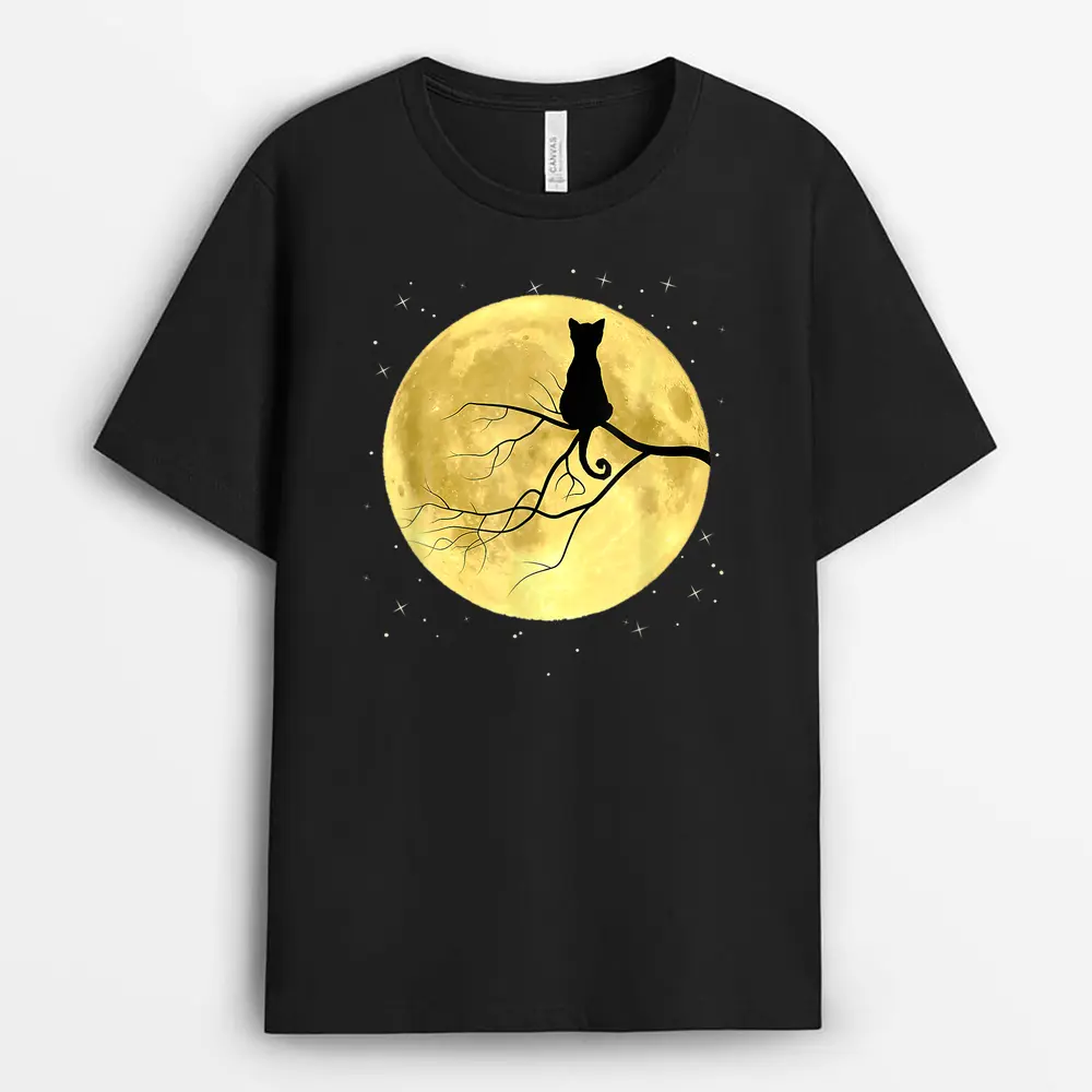 Cat Silhouette On Moon Mystical Cat Halloween Cat And Moon T-Shirt