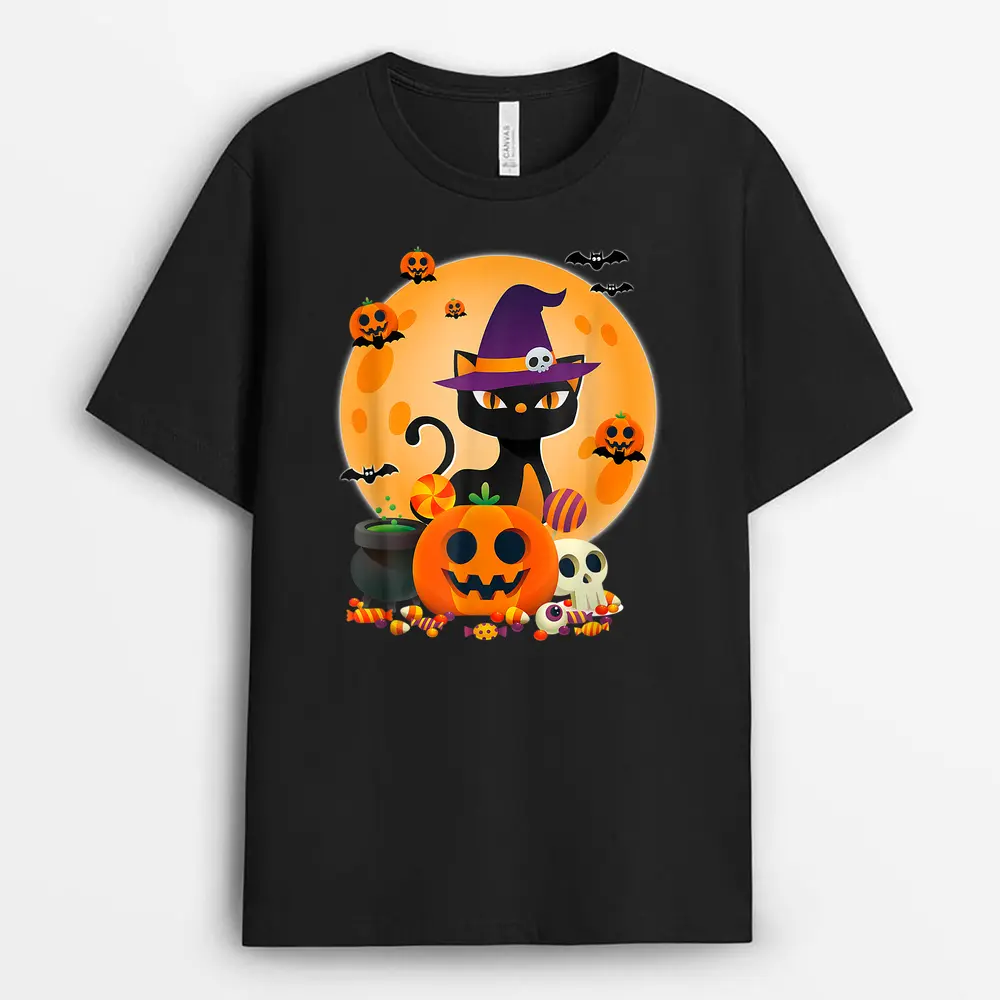 Cat With Witch Hat Pumpkin Bat Moon Cat Funny Halloween T-Shirt