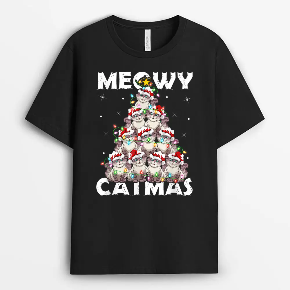 Cat Xmas Lights Santa Meowy Catmas Cat Christmas Ree T-Shirt