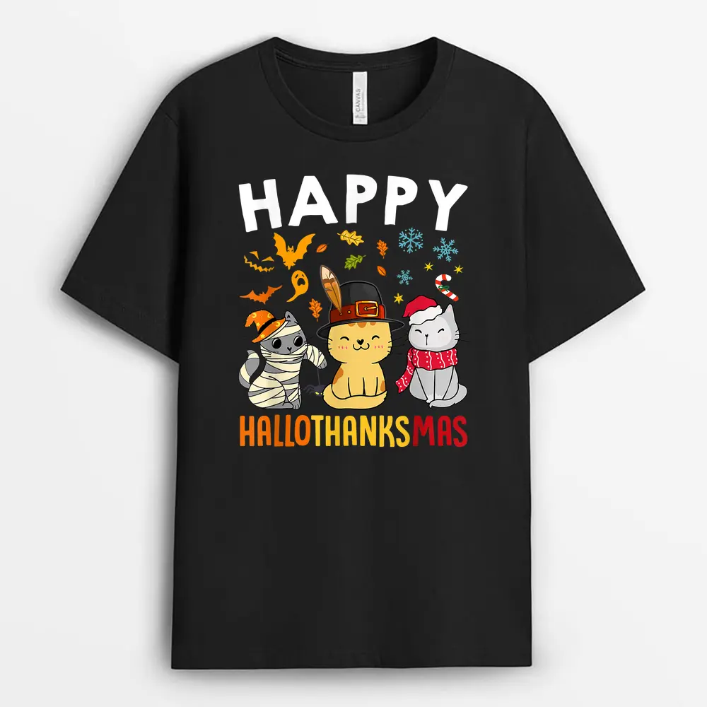 Cats Happy HalloThanksMas Thanksgiving Christmas T-Shirt