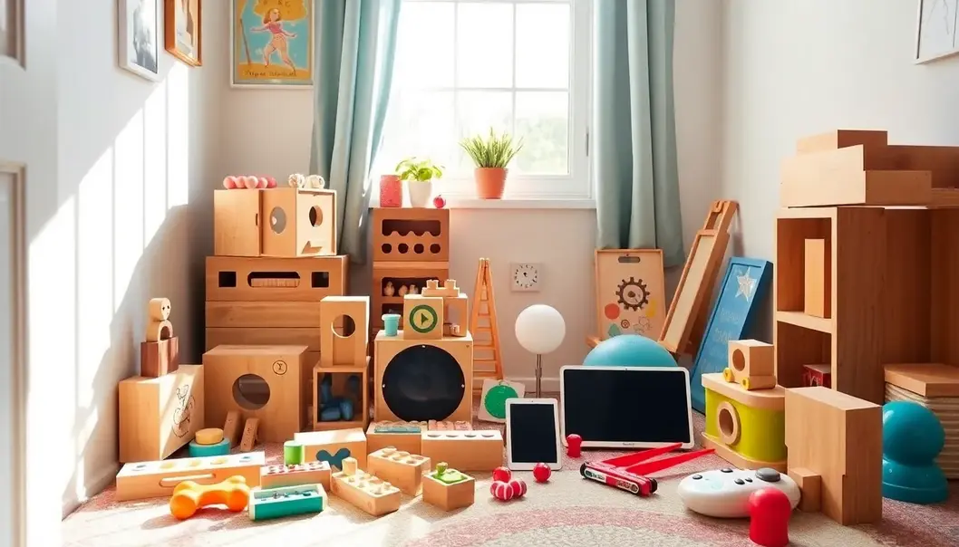 A photo-realistic collage of stylish educational toys for toddlers in a chic playroom.