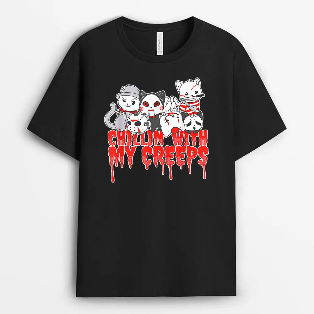 Chillin With My Creeps Cat Horror Serial Killer Halloween T-Shirt