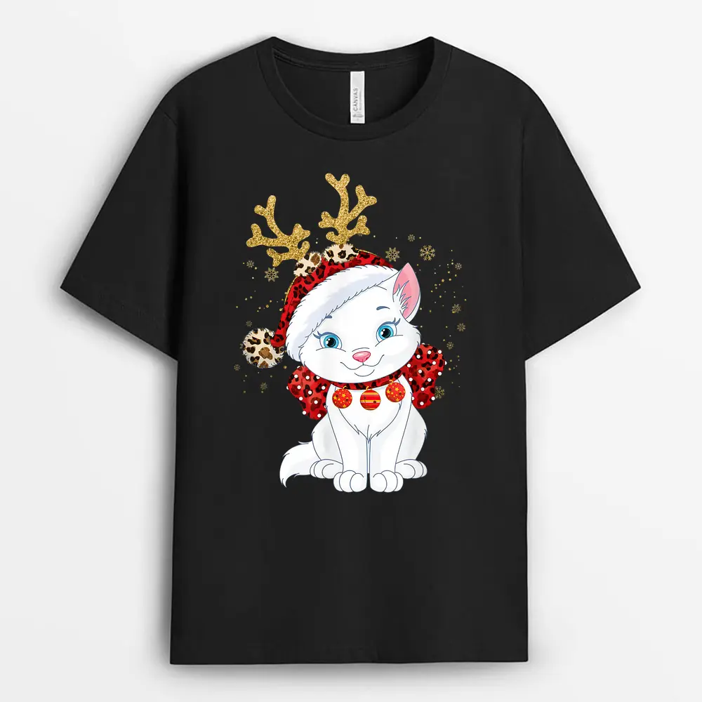 Christmas Cat Reindeer Light Antlers T-Shirt