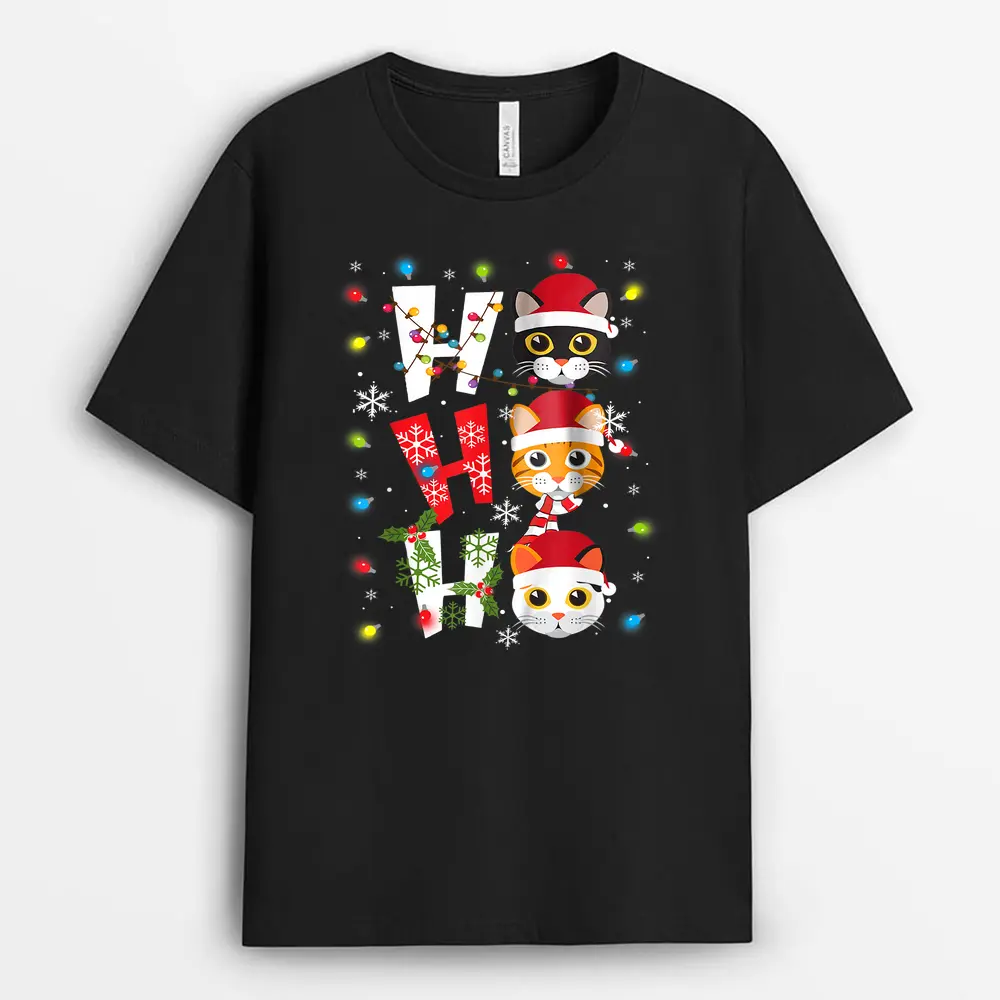 Christmas Ho Ho Ho Cat Lovers Lights Pajamas Funny Xmas T-Shirt