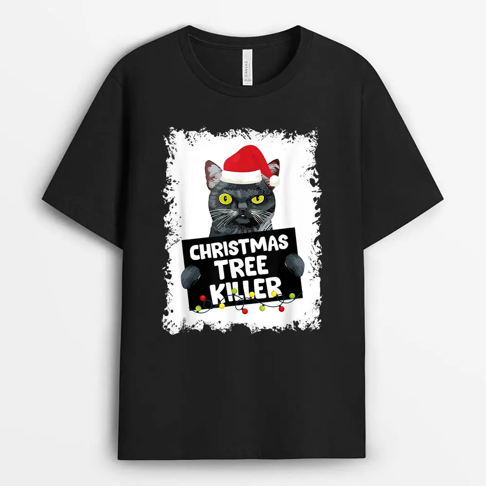 Christmas Tree Killer Naughty Black Cat Christmas T-Shirt