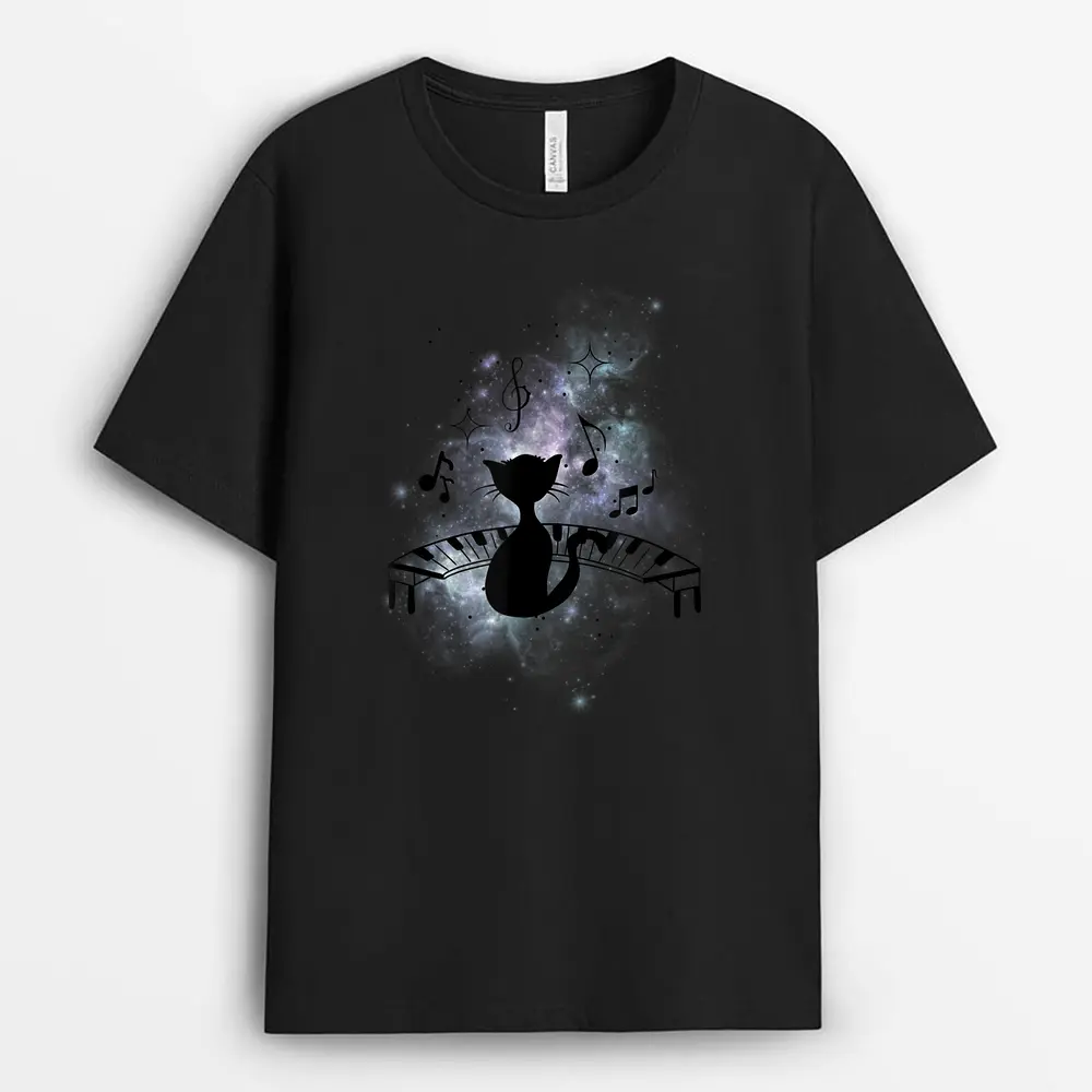 Cool Music And Cats - Cat Playing Piano - Music Note Lover T-Shirt