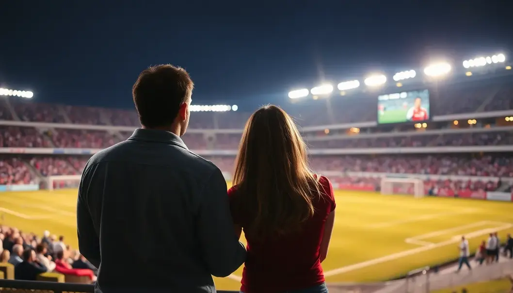 A couple watching a vibrant soccer game, symbolizing a shared love for the sport and each other.