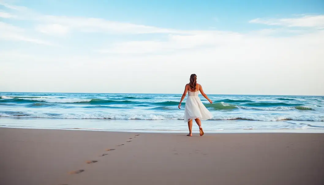 A couple walking hand in hand on a beach, leaving footprints in the sand under the soft glow of a setting sun.