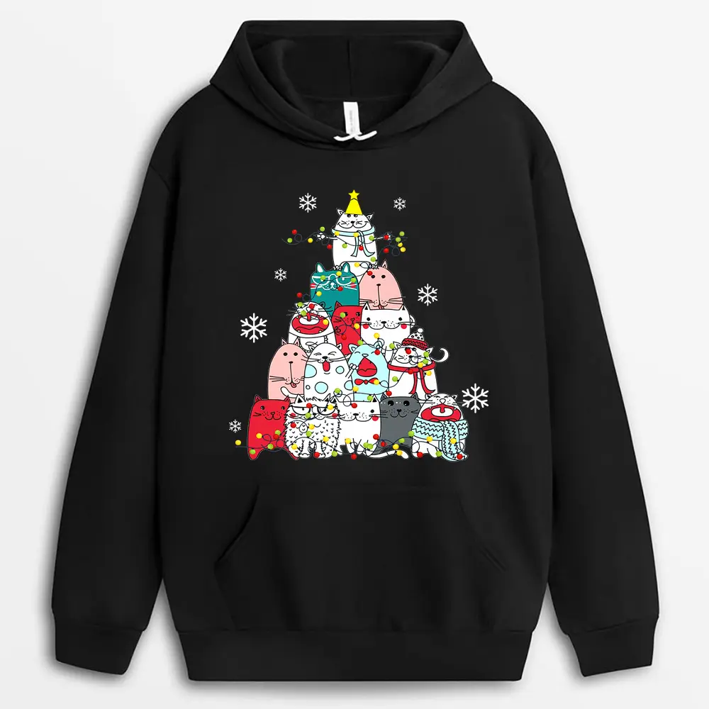 Cute Cat Christmas Tree Lights Snow Xmas Pajama Cat Lover  Hoodie