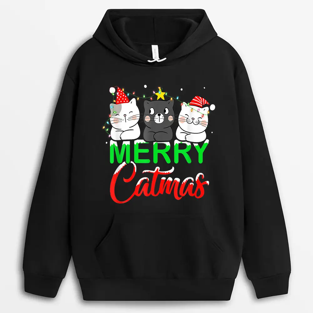 Cute Cat Lover Xmas Lights Santa Merry Catmas Cat Christmas Hoodie