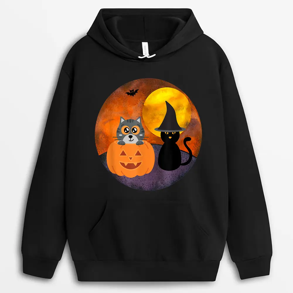 Cute Halloween Cat Scene Witch Pumpkin Bat Full Moon Hoodie