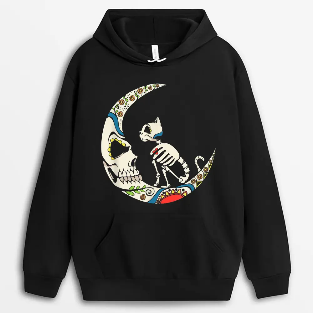 Dia De Los Muertos Crescent Moon And Cat Sugar Skull Hoodie