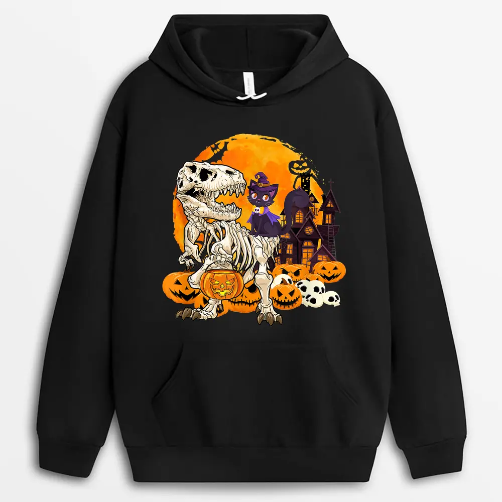 Dinosaur Skeleton Pumpkin With Moon Halloween Cat Witchy Hoodie