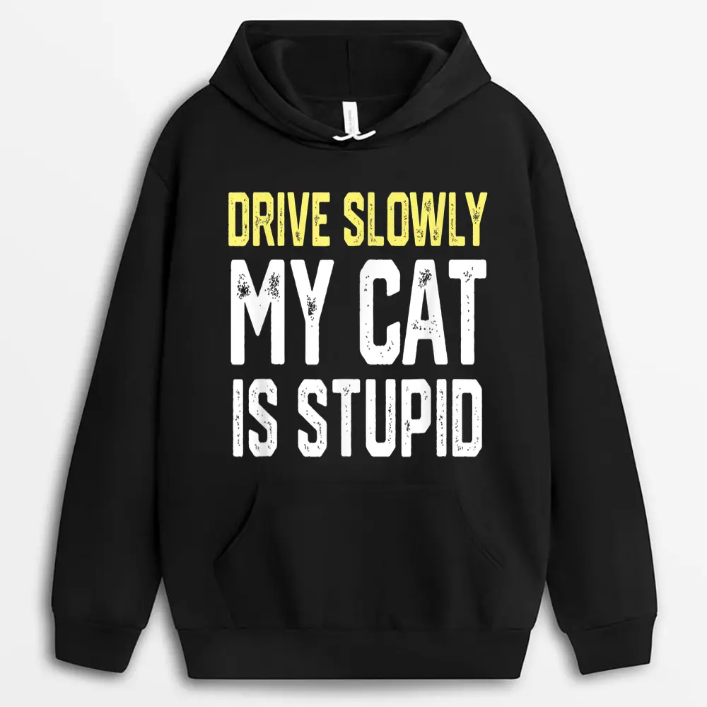Drive Slowly My Cat Is Stupid Funny Cat Lover Joke Hoodie