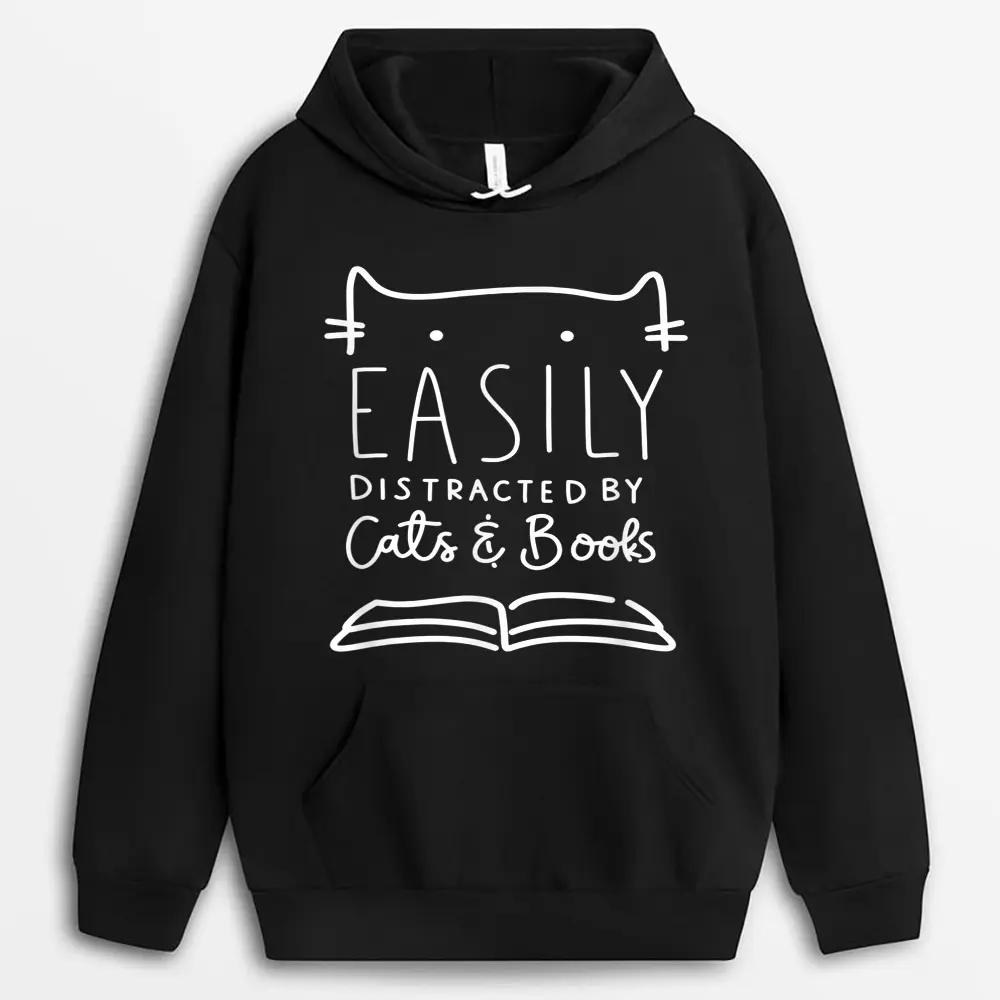Easily Distracted-Cats And Books Funny Gift For Cat Lovers Hoodie