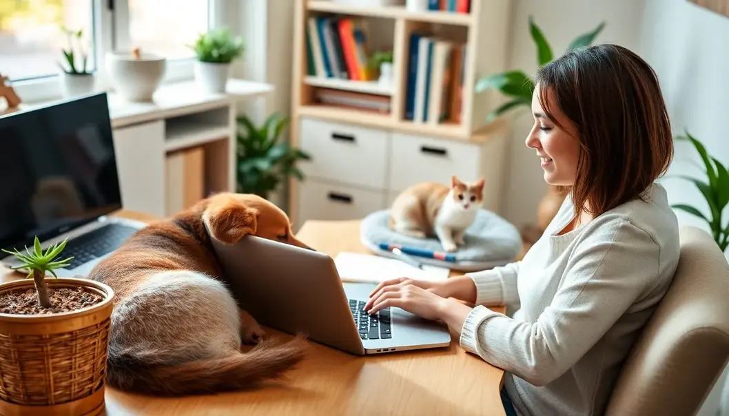 A person studying with a laptop at a desk, accompanied by a dog and a cat in a bright, inviting room.