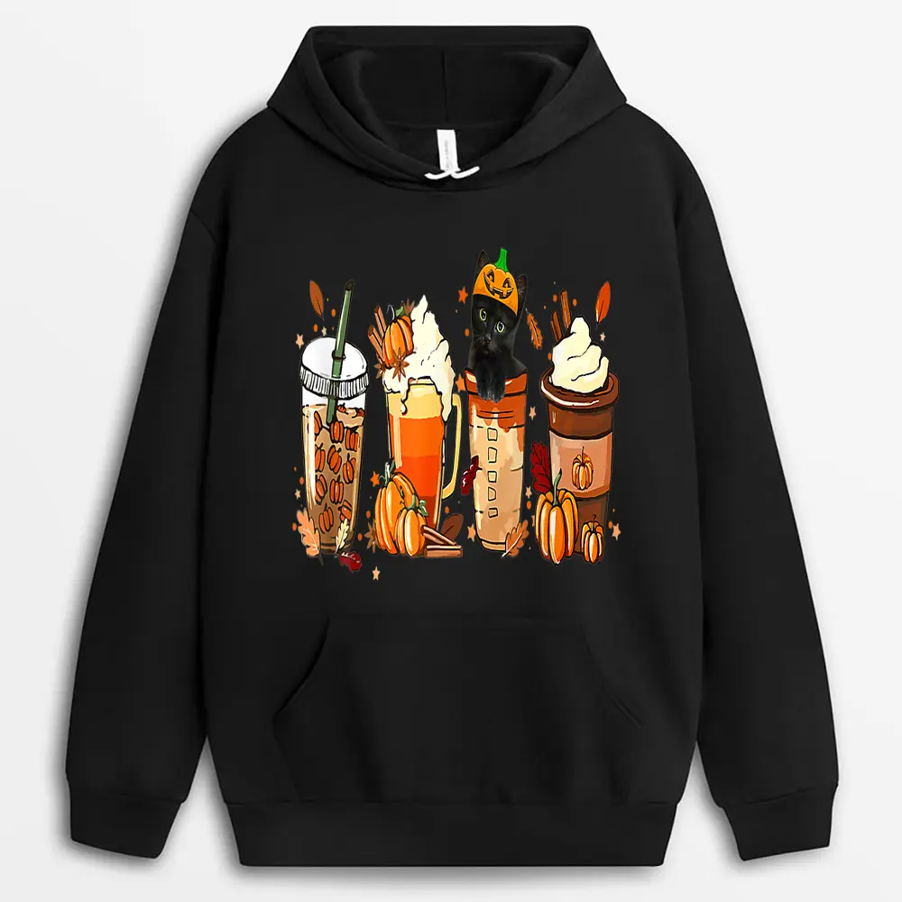 Fall Coffee Pumpkin Spice Latte Iced Autumn Black Cat Hoodie