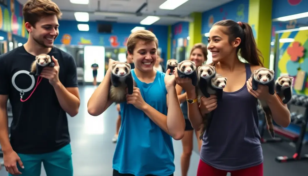 Fitness enthusiasts lifting ferrets in a playful gym setting.