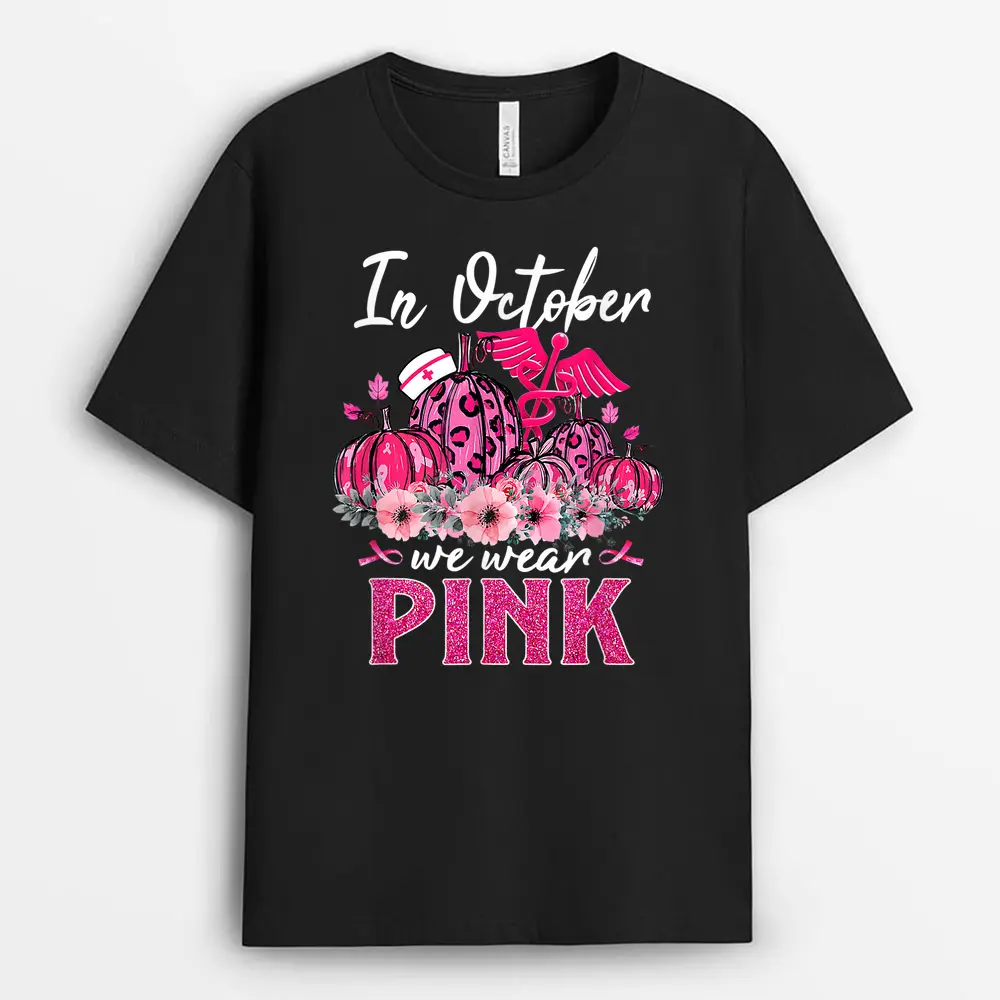 In October We Wear Pink Nurse Life Pumpkin Leopard Halloween T-Shirt