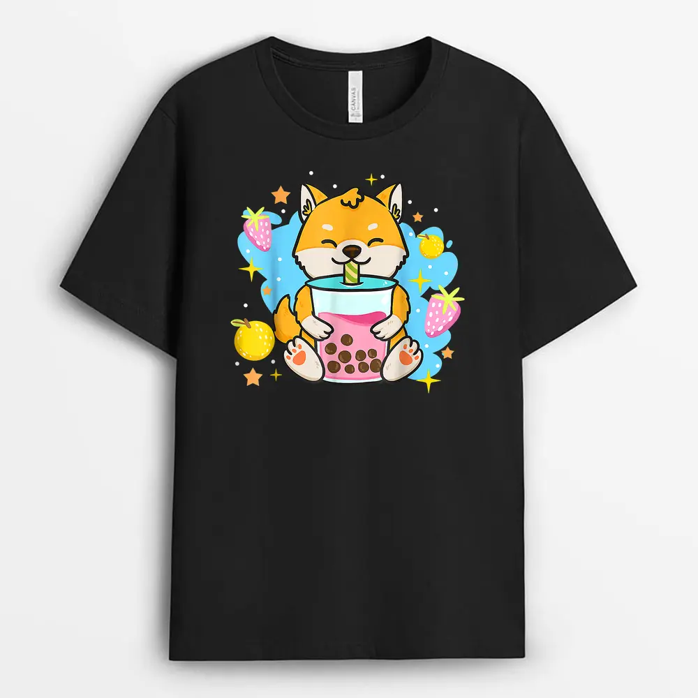 Kawaii Anime Shiba Inu Dog Drinking Boba Bubble Tea T-Shirt