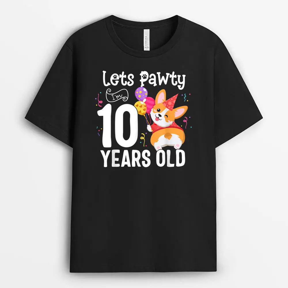 Lets Pawty I'm 10 Year Old Corgi Dog Lover 10th Birthday Kid T-Shirt