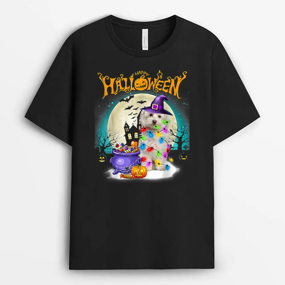 Maltese Dog And Moon Halloween Costume Dog Lover Funny T-Shirt