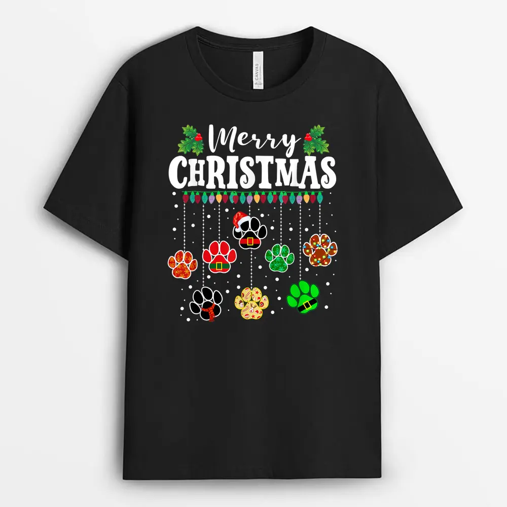 Merry Christmas Dog Paw Print Funny Xmas Light Family Pajama T-Shirt