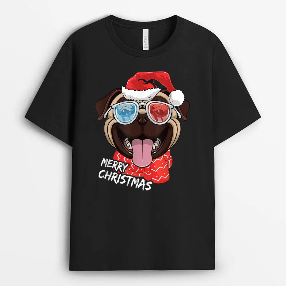 Merry Christmas Pug Dog Santa Hat Sunglasses Xmas T-Shirt