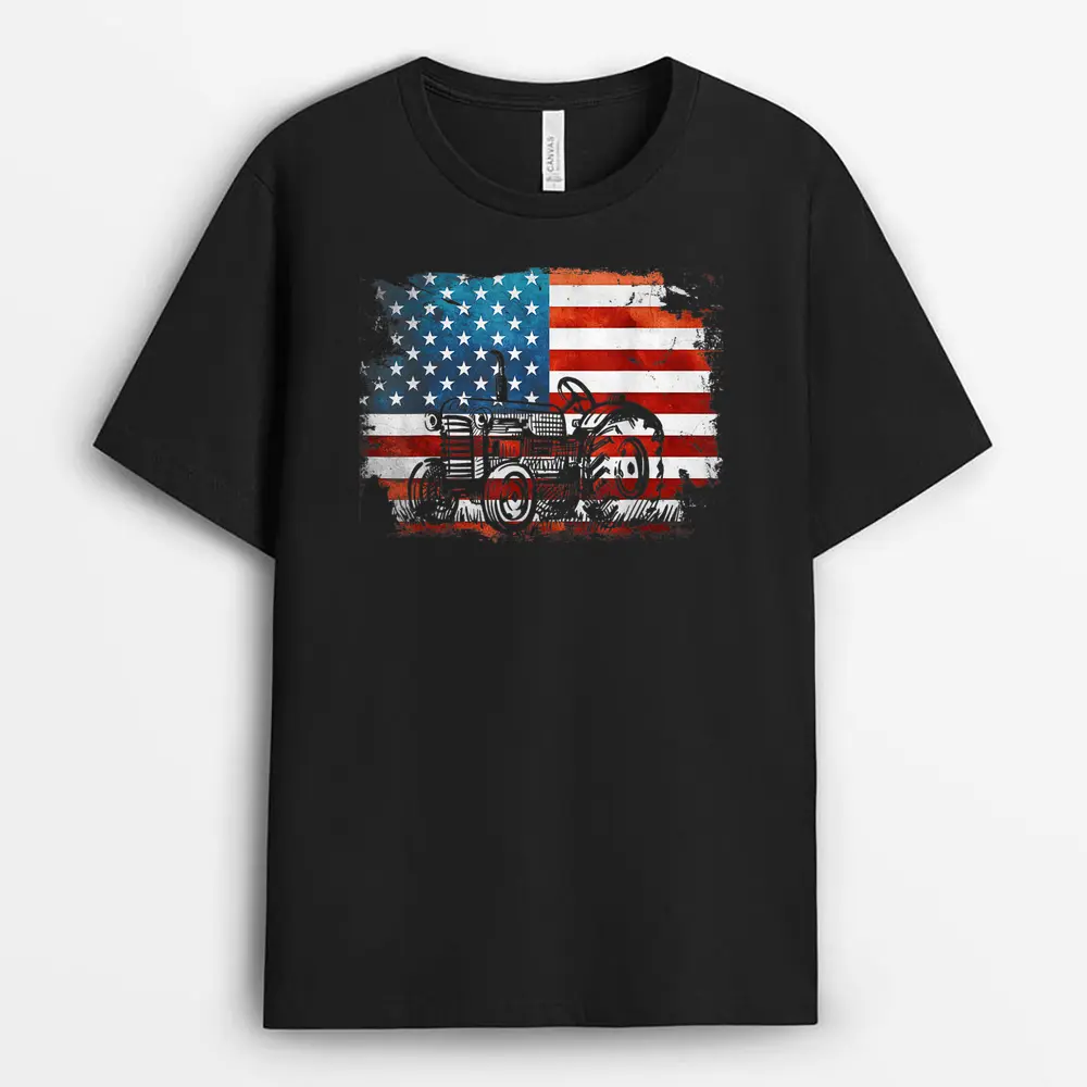 Patriotic Farmer American Flag Tractor 4th Of July Farmer T-Shirt