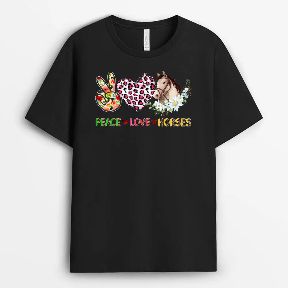 Peace Love Horses Leopard Floral Horse Wearing Hat Farmer T-Shirt