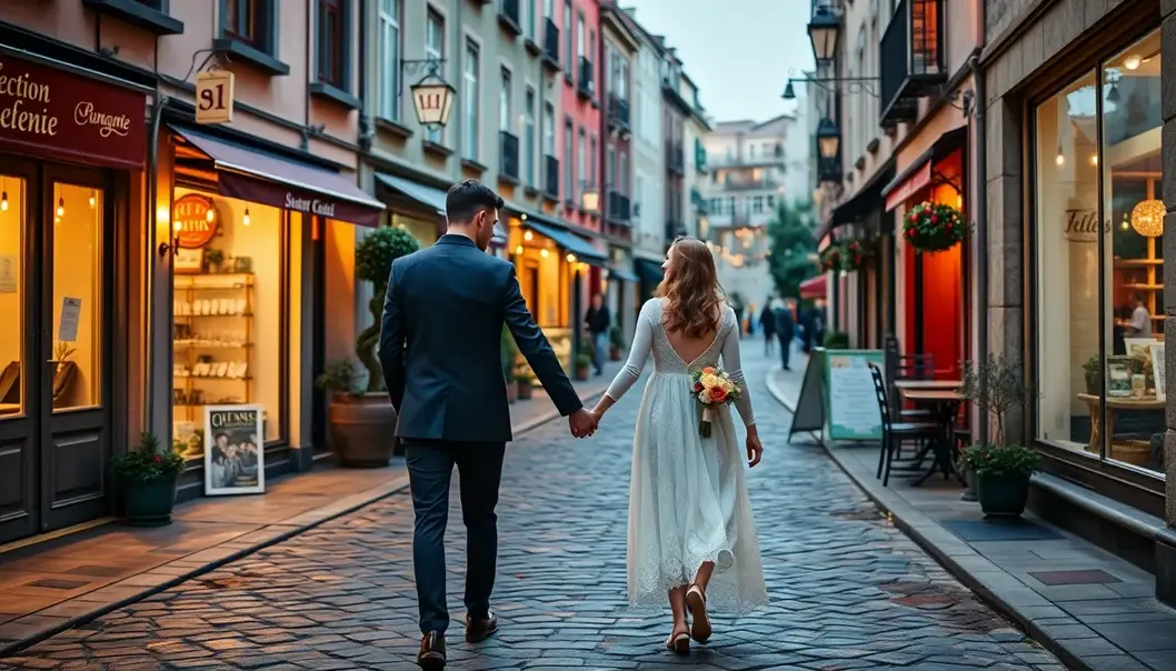 A newlywed couple walking hand-in-hand along a charming, cobblestone street at dusk.