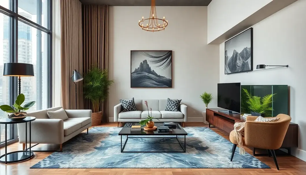 Modern living room with chic pet setups like a snake habitat and fish tank.