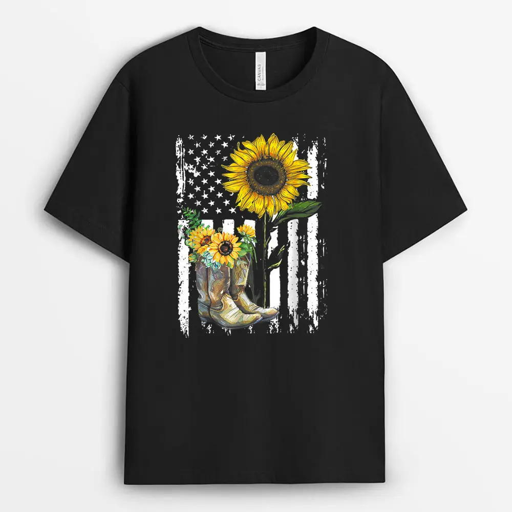 Sunflower Boots America Flag For Cowgirl Cowboy Farmer T-Shirt