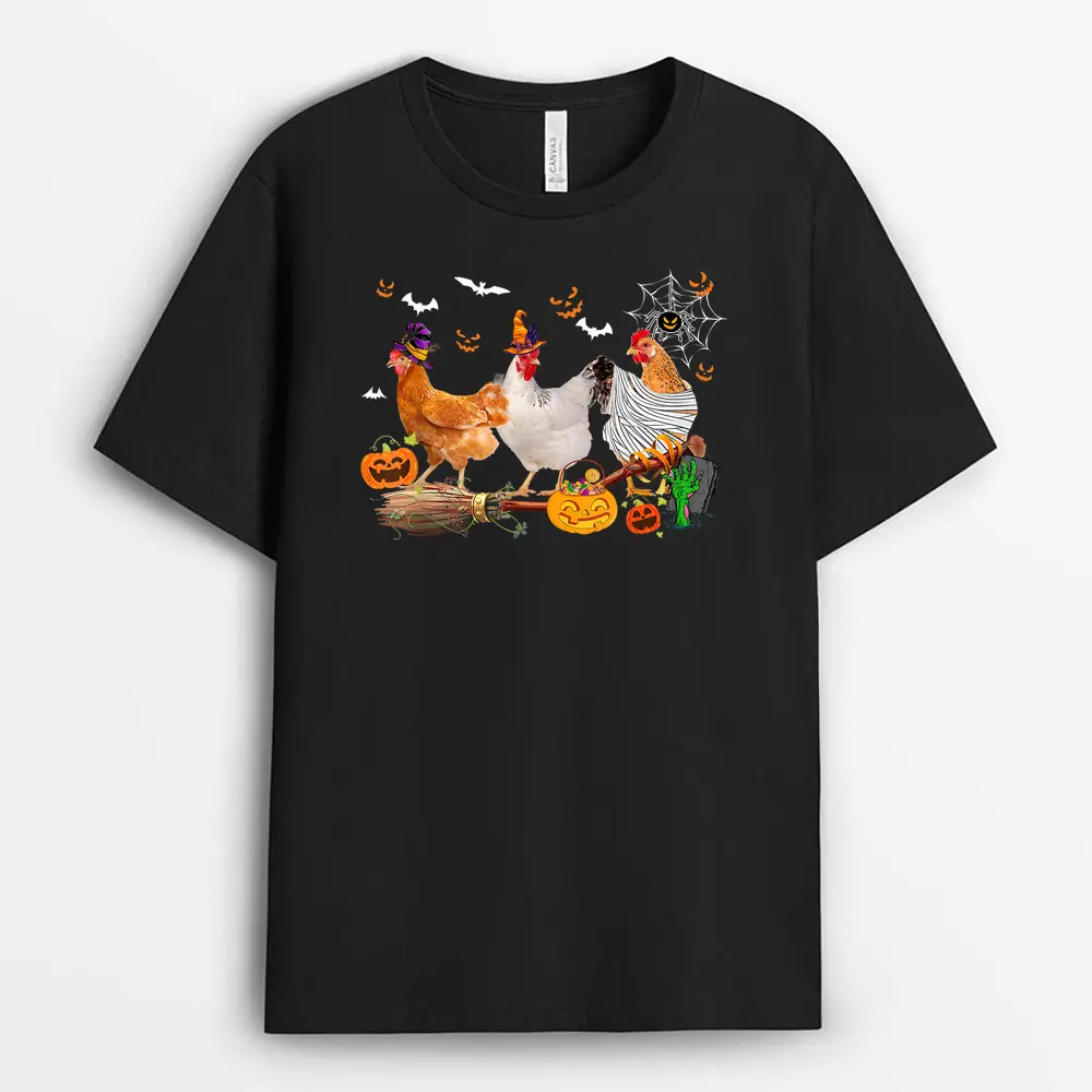 Three Chickens Halloween Mummy Witch Scary Pumpkins Farmer T-Shirt