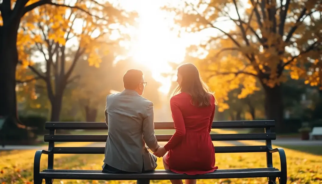 Newlywed couple embracing love in a park setting.