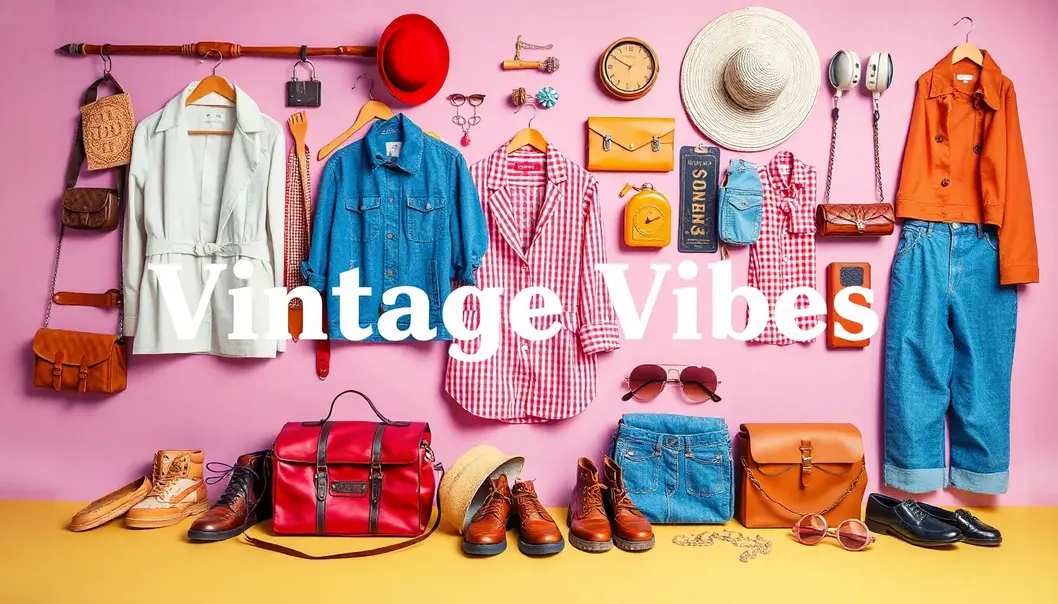 A display of various vintage clothing and accessories on a colorful background, showcasing retro fashion.