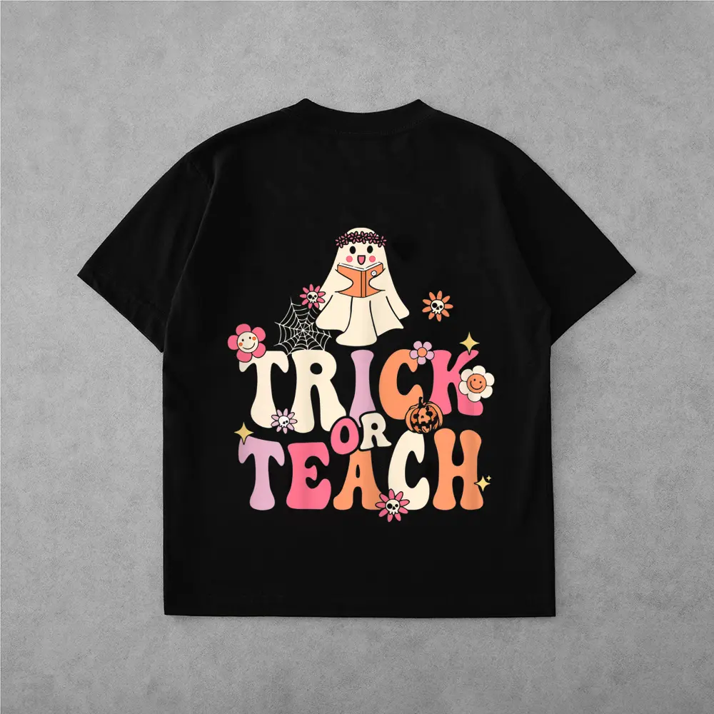 Womens Retro Groovy Halloween Trick Or Teach Vintage Teacher Ghost T-Shirt