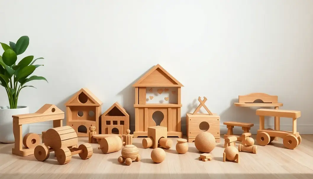 Wooden toys elegantly displayed in a refined play setting.